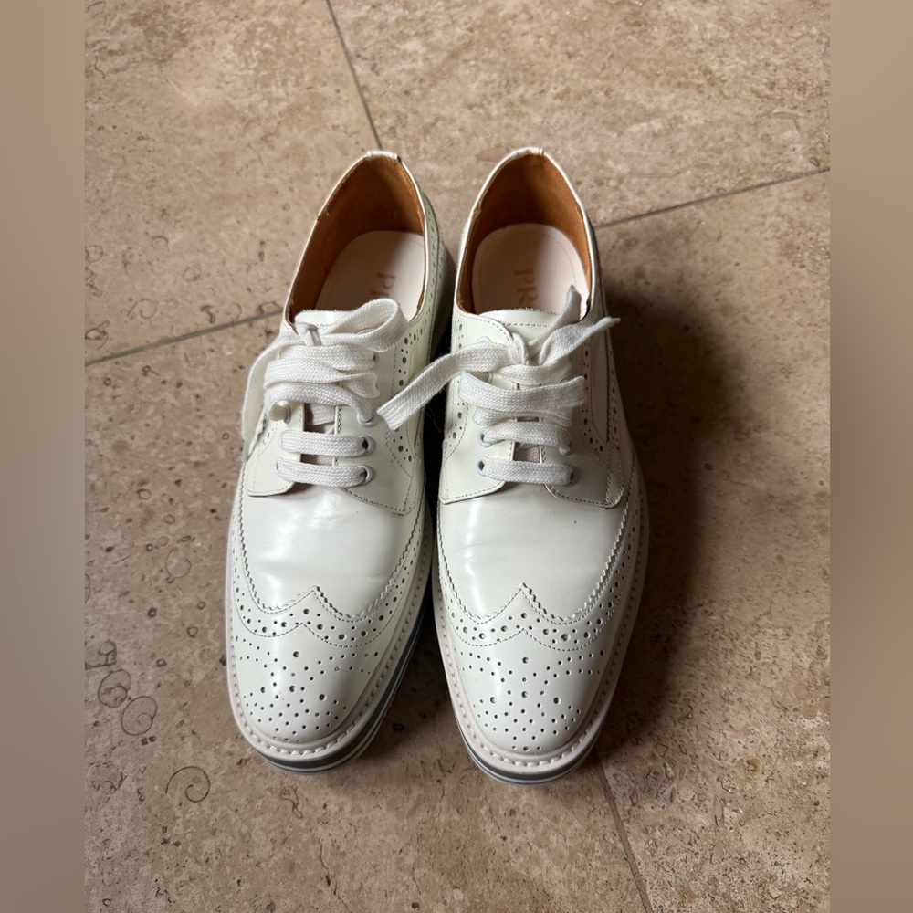 PRADA Brogue Wingtip Platform Oxford Shoes White Leather EU39 $1,290